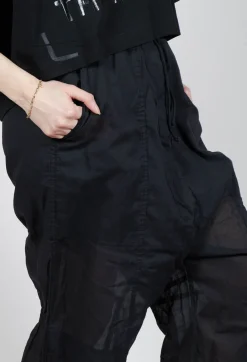 Cropped Sheer Crinkled Trousers in Black Paper
