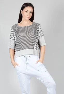 Cropped Short Sleeve Jumper in Silver Black Stripe