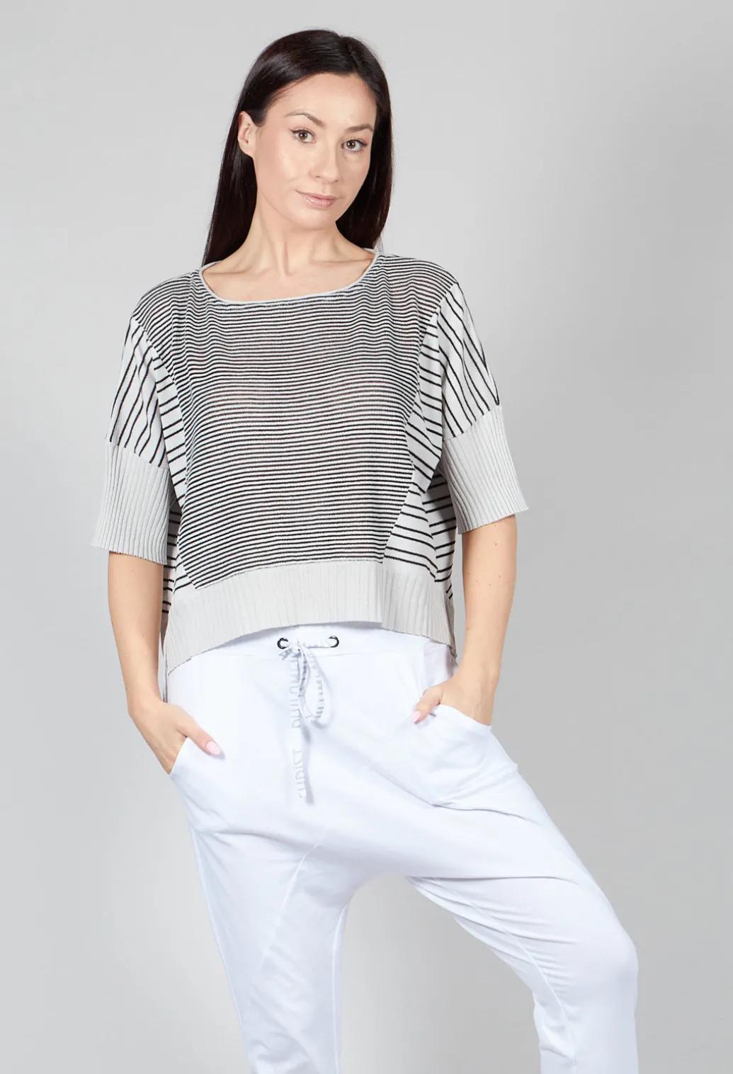 Cropped Short Sleeve Jumper in Silver Black Stripe
