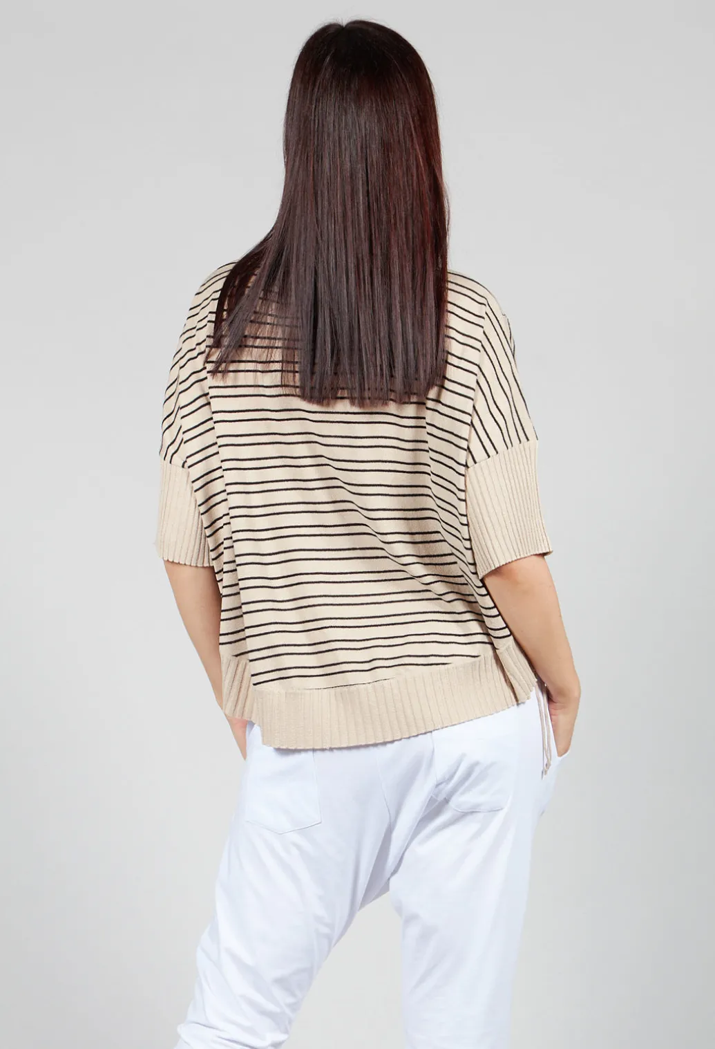 Cropped Short Sleeve Jumper in Sand Black Stripe