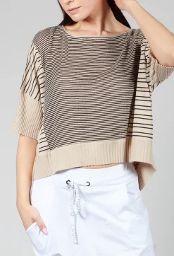 Cropped Short Sleeve Jumper in Sand Black Stripe