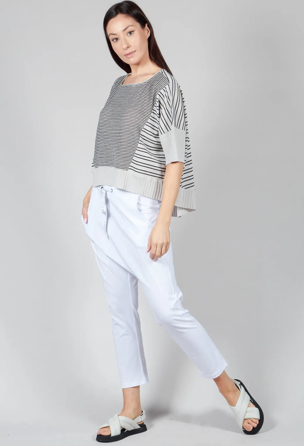 Cropped Short Sleeve Jumper in Silver Black Stripe