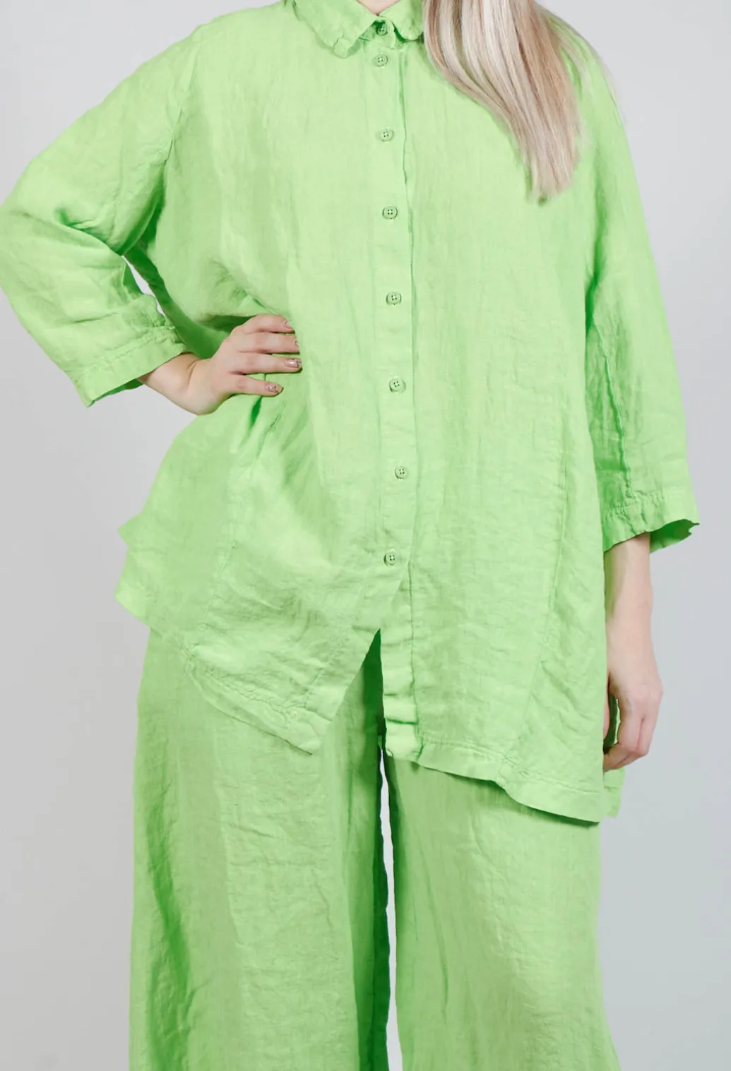 Cropped Sleeve Linen Shirt in Lime