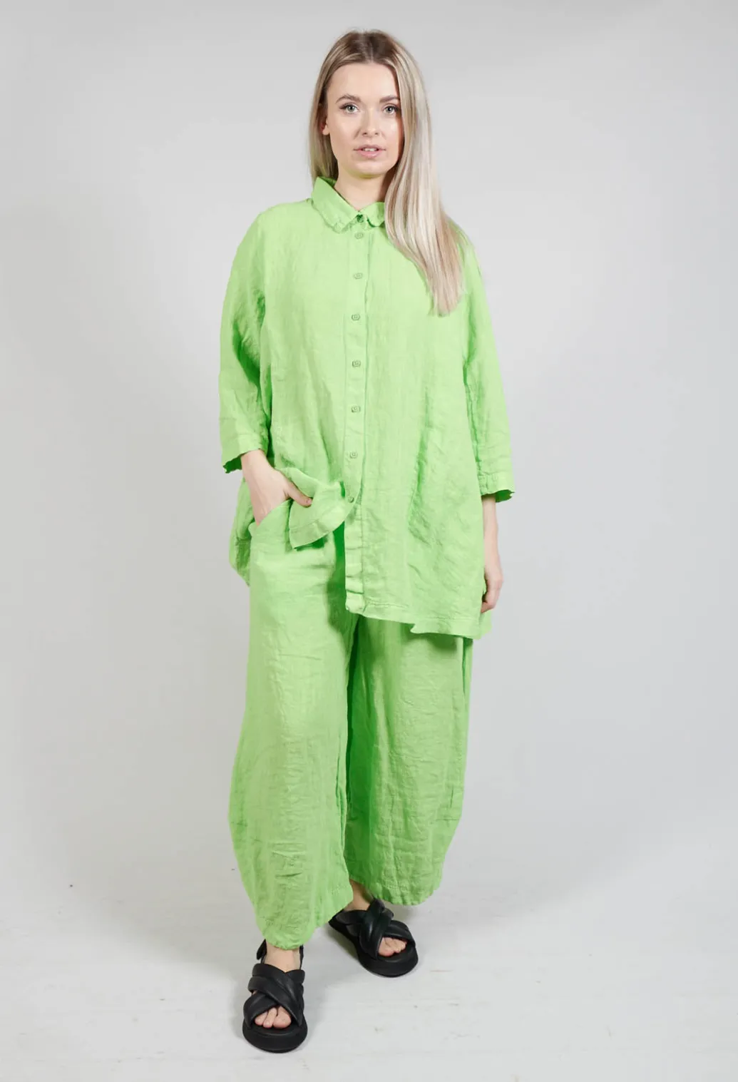 Cropped Sleeve Linen Shirt in Lime