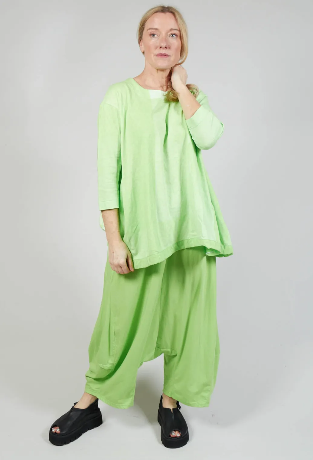 Cropped Sleeve Top with Drawstring Hem in Lime Print