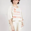 Cropped T-Shirt with Square Neckline in Greige and Mandarine Print