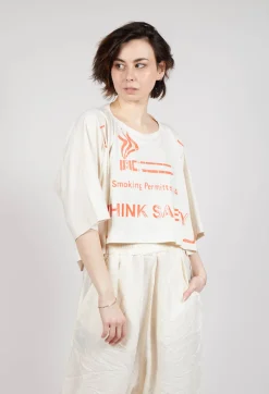 Cropped T-Shirt with Square Neckline in Greige and Mandarine Print