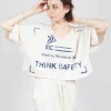 Cropped T-Shirt with Square Neckline in Greige and Ocean Print