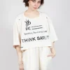 Cropped T-Shirt with Square Neckline in Greige and Black Print