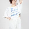 Cropped T-Shirt with Square Neckline in Bleach and Royal Print