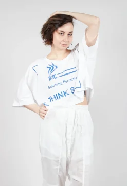 Cropped T-Shirt with Square Neckline in Bleach and Royal Print