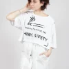 Cropped T-Shirt with Square Neckline in Bleach and Black Print
