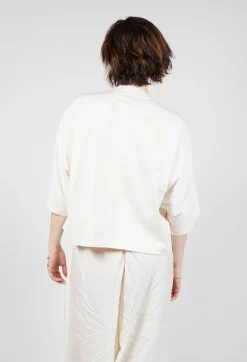 Cropped T-Shirt with Square Neckline in Greige and Ocean Print