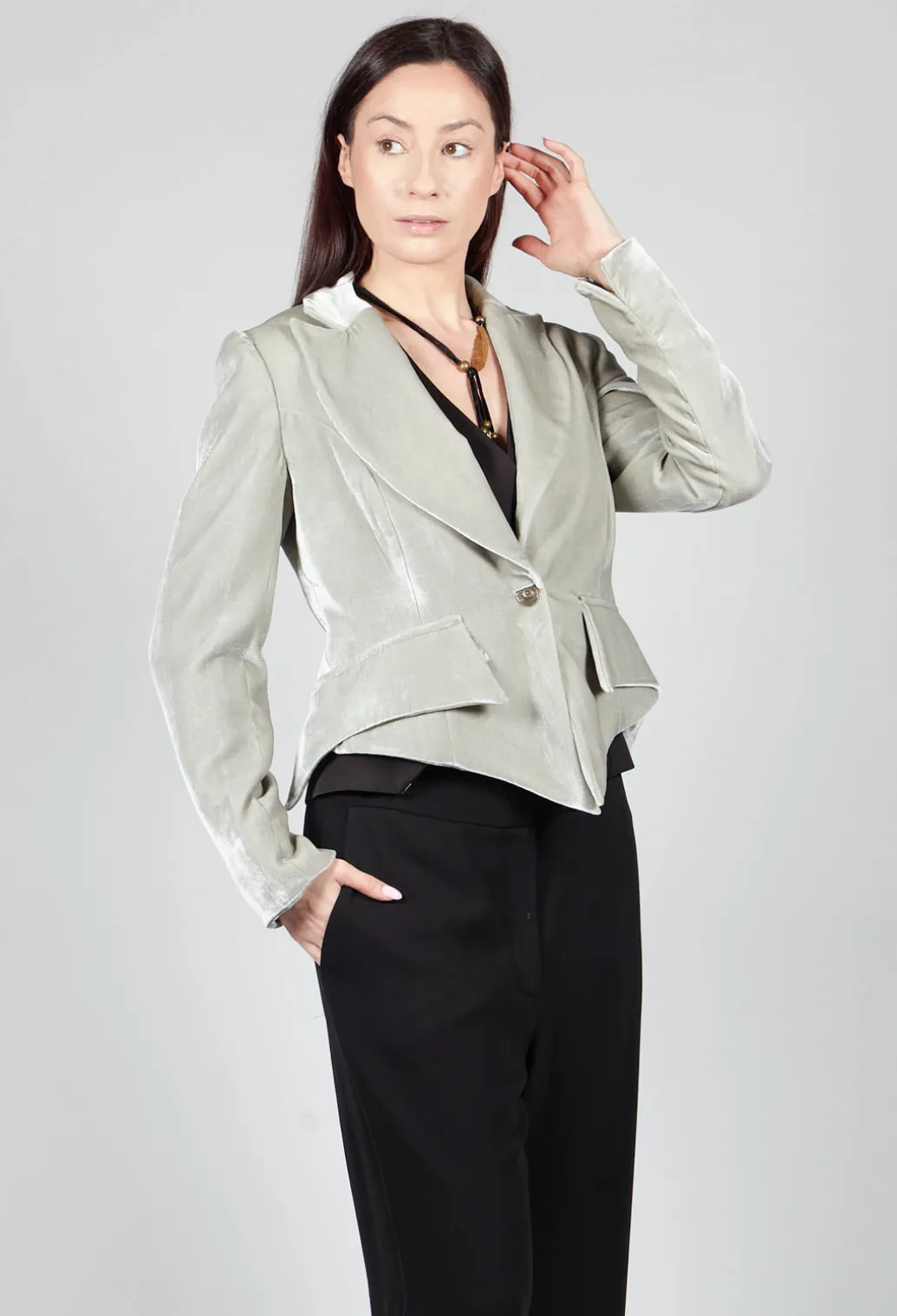 Cropped Velvet Jacket in Pearl Grey