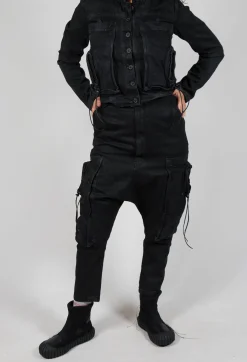 Denim Drop Crotch Trousers in Black Coated Jeans