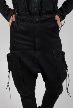 Denim Drop Crotch Trousers in Black Coated Jeans