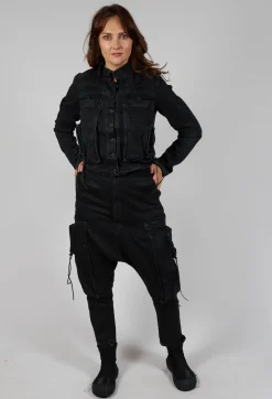 Denim Drop Crotch Trousers in Black Coated Jeans