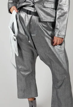 Double Belted Hang Loose Trousers in Silver Metallic