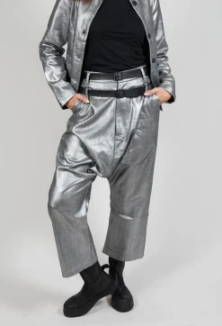 Double Belted Hang Loose Trousers in Silver Metallic