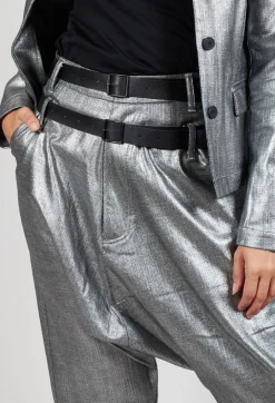Double Belted Hang Loose Trousers in Silver Metallic