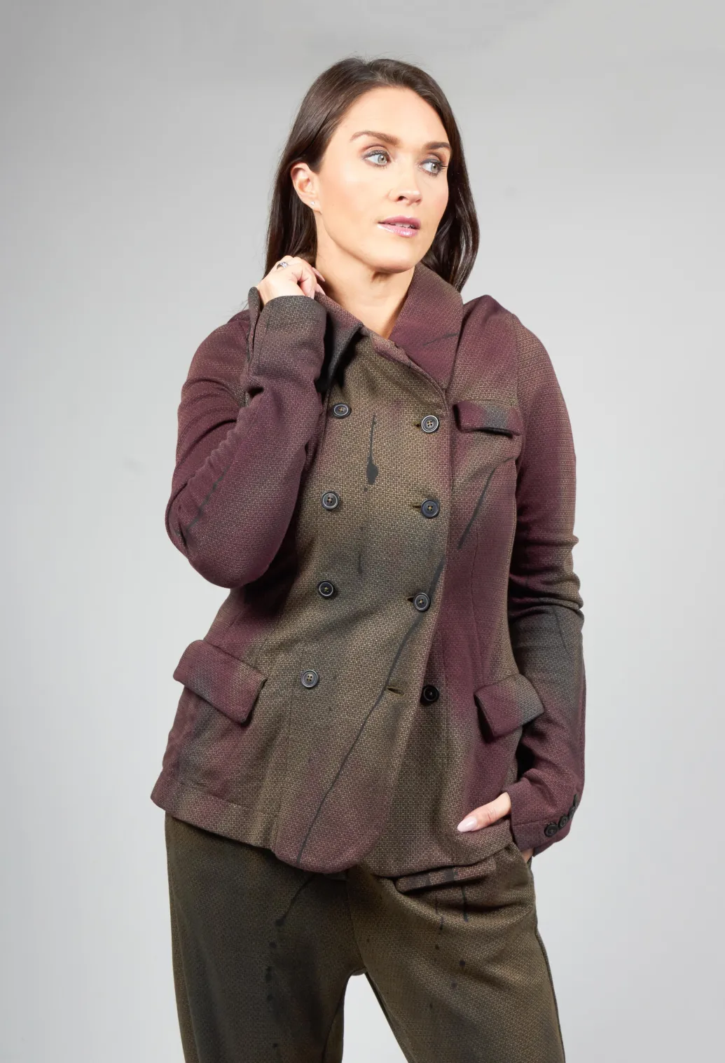 Double Breasted Jacket with Pointed Collar in Umbra Paint