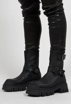 Double Buckle Ankle Boots in Gasoline Cobra Nero