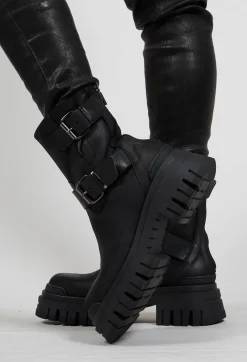 Double Buckle Ankle Boots in Gasoline Cobra Nero