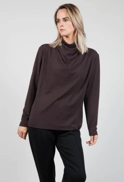 Draped Neck Blouse with Long Sleeves in Dark Brown