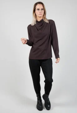 Draped Neck Blouse with Long Sleeves in Dark Brown