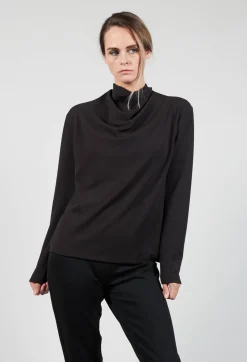 Draped Neck Top with Long Sleeves in Dark Grey
