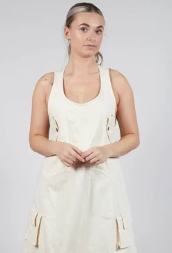 Drop Armhole Dress with Pull Toggle Hemline in Greige