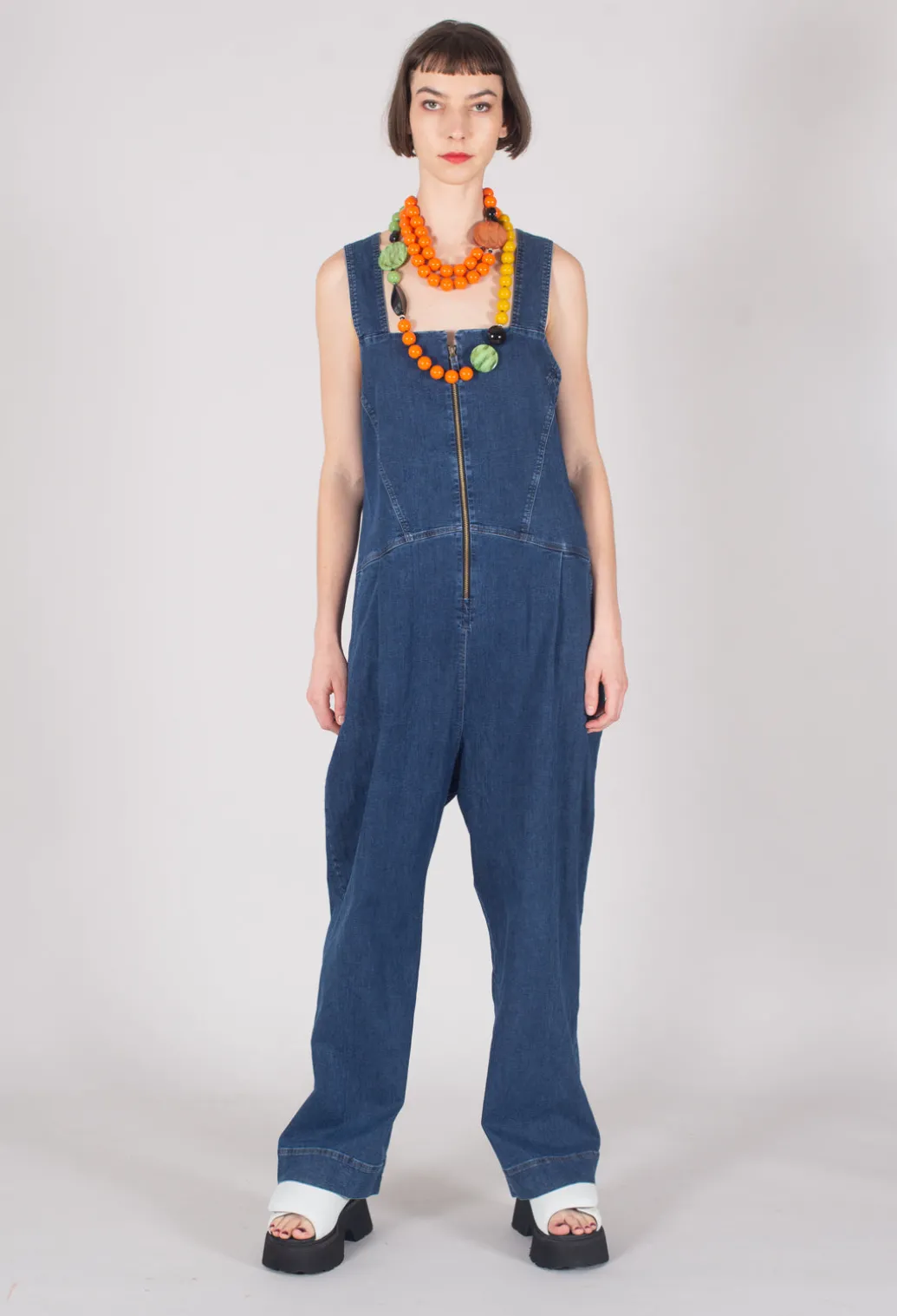 Drop Crotch Denim Jumpsuit in Blue