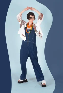 Drop Crotch Denim Jumpsuit in Blue