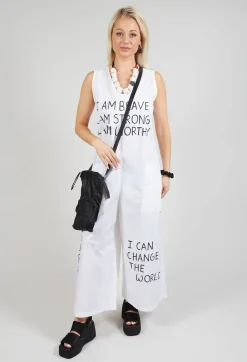Drop Crotch Jumpsuit with Lettering in White