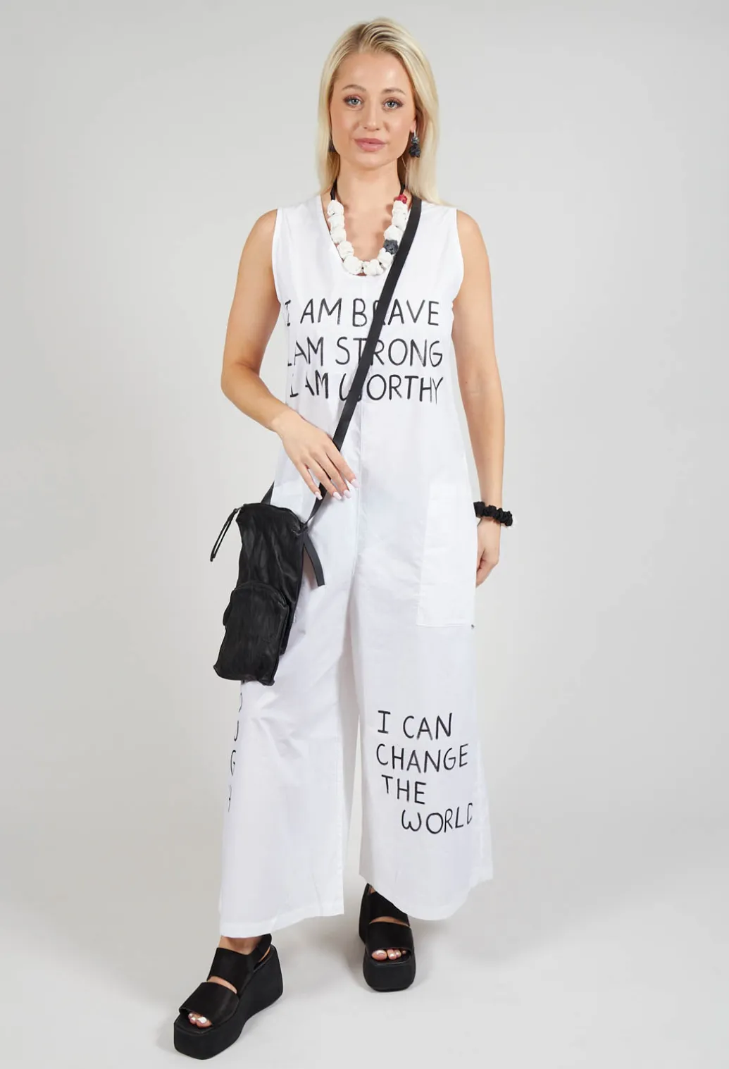 Drop Crotch Jumpsuit with Lettering in White