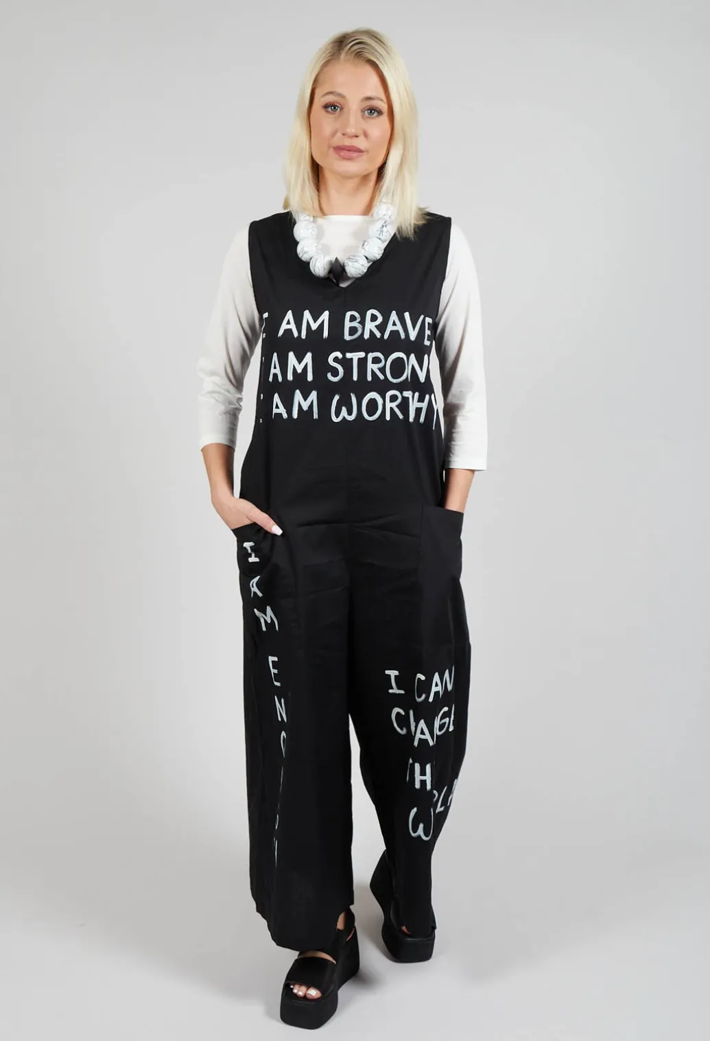 Drop Crotch Jumpsuit with Lettering in Black