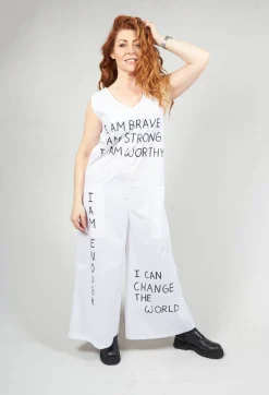 Drop Crotch Jumpsuit with Lettering in White