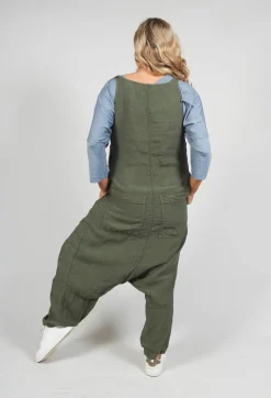 Drop Crotch Linen Jumpsuit in Olive