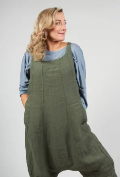 Drop Crotch Linen Jumpsuit in Olive