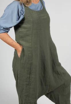 Drop Crotch Linen Jumpsuit in Olive