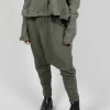 Drop Crotch Trousers with Exposed Seams in Camp