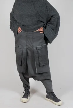 Drop Crotch Trousers with Statement Pockets in Coal Cloud