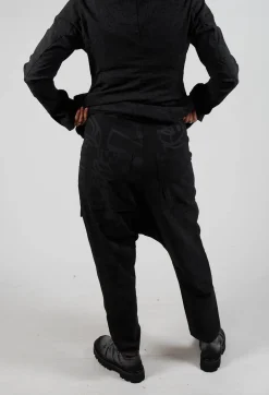 Drop Crotch Trousers with Tapered Leg in Black Big Print