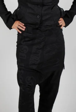 Drop Crotch Trousers with Tapered Leg in Black Big Print