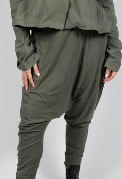 Drop Crotch Trousers with Exposed Seams in Camp