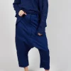 Drop-Crotch Cotton Trousers with Belt Loops in Ocean