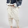 Drop-Crotch Cotton Trousers with Belt Loops in Greige
