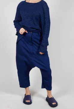 Drop-Crotch Cotton Trousers with Belt Loops in Ocean