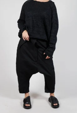 Drop-Crotch Cotton Trousers with Belt Loops in Black