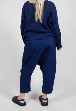 Drop-Crotch Cotton Trousers with Belt Loops in Ocean